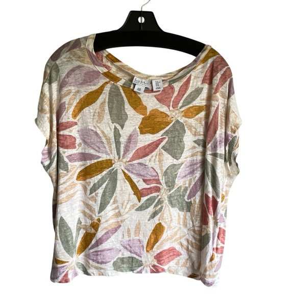 Nicole Miller Linen Dolman Sleeve Scoop Neck Top Size XL Multicolor Floral - Picture 1 of 7
